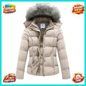 Quilted Puffer Jacket Hooded Warm Winter Coat Removable Fur Oversized Chic